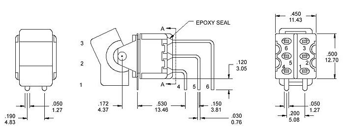 RS8-202R4六腳兩檔90度彎腳臥式鈕子開關(guān)