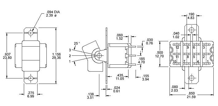 RS8-402R1十二腳兩檔 90度彎腳 臥式鈕子開關(guān)