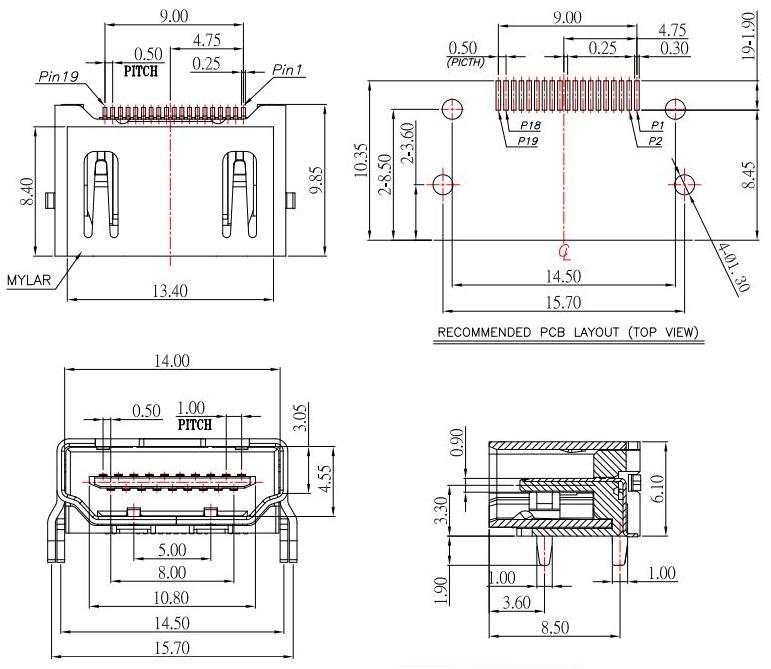 HDMI母座短體19針,超短HDMI插座L:12mm/ 超薄HDMI插孔19P/HDMI-A-3規(guī)格圖