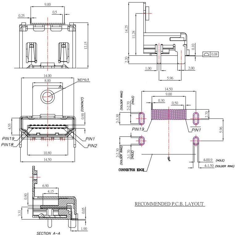 19腳HDMI接口,帶耳HDMI插座,SMT 無(wú)柱 孔高 H:11.28mm/HDMI-A-4規(guī)格圖