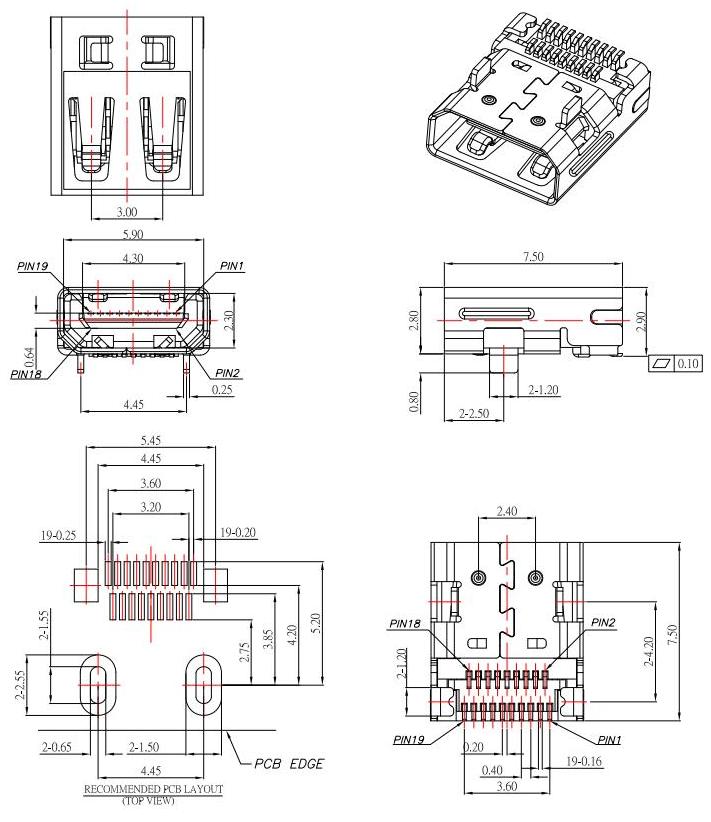HDMI D TYPE ,雙排SMD ,前插后貼HDMI JACK SE,HDMI-D-4規(guī)格書