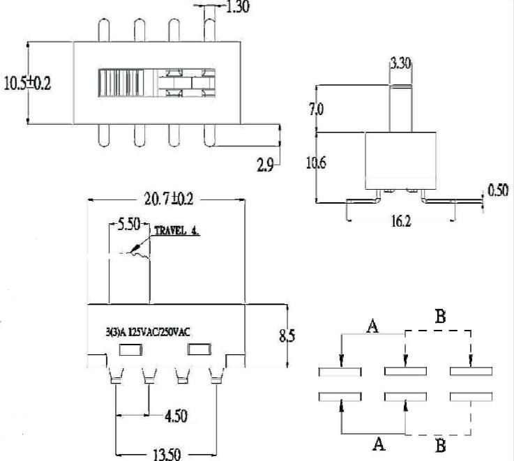 SS-22H25-T撥動開關(guān)尺寸圖