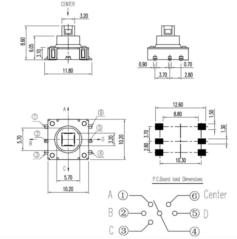 五向開(kāi)關(guān)尺寸規(guī)格圖