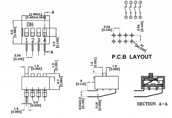 DA-04側(cè)插撥碼開關尺寸圖