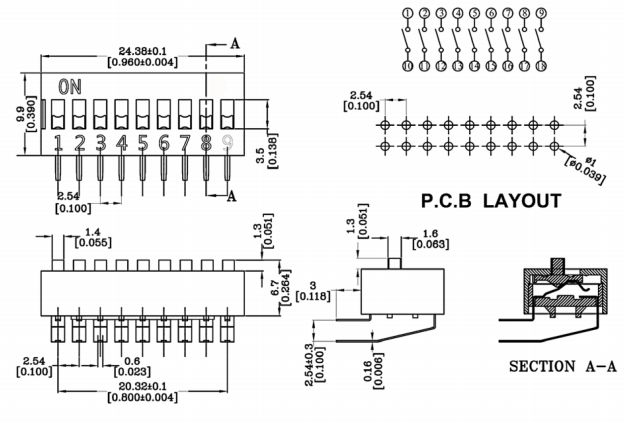 9位撥碼開關(guān)尺寸圖